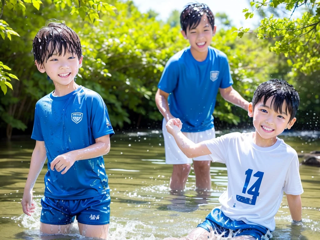 In the forest、Swimming in the river、Cool and refreshing water、Cute elementary school boy、１０Year old boy、Boy in gym clothes、The bottom of the white T-shirt is blue、Blue shorts、The boys are playing、Get wet all over、Noisy boys、Splashing Water、Japanese、（Boy 1.4）