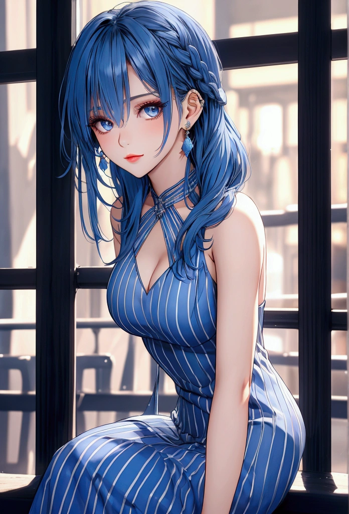 Blue hair beauty, captivating gaze, elegant pose, bokeh, stylish attire, subtle shadows, high resolution, high neck sleeveless striped dress, night