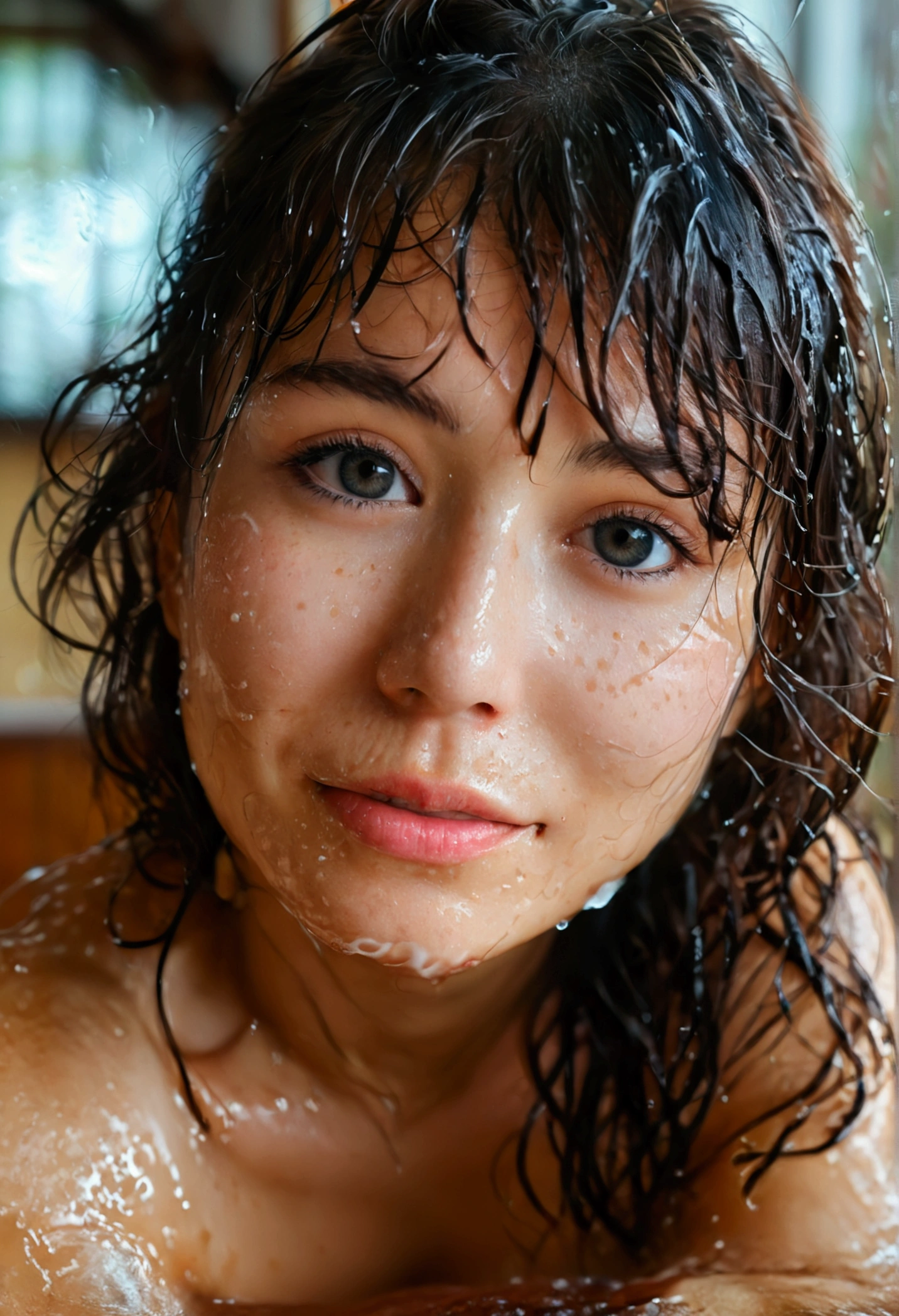 ((masterpiece, highest quality, Highest image quality, High resolution, photorealistic, Photogenic, Raw photo, 8K, wet hair, not smiling, small height, , two women)) ((not smiling)) ((naked)) (30 years old), Mature japanese woman, (Rides aux coins des yeux:1.2), moderate sized breast, MILF, charm, sexy, hot, Pale skin, cute face, Big nipples, (laying down on stomach), hairy pussy, slightly overweight, horny look, hand above head, in water, close up on ass, ass cheeks, ass