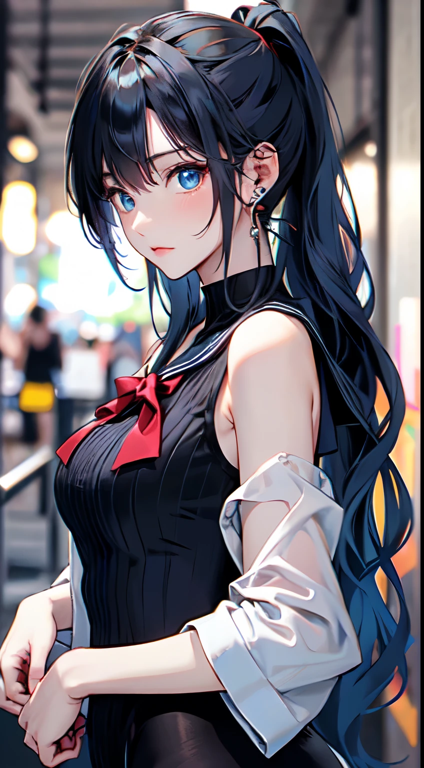 top-quality、Top image quality、masterpiece、girl with((cute little、18year old、Best Bust、Medium bust、Bust 85,Beautiful blue eyes、Breasts wide open,Ponytail with black hair、A slender、Blue hair mesh、Beautiful sailor suit、falda corta,dash))hiquality、Beautiful Art、Background with((blue-sky、Wagas)),masutepiece、Elaborate design、visualart、depth of fields、The best lighting、highestdetailed、8k