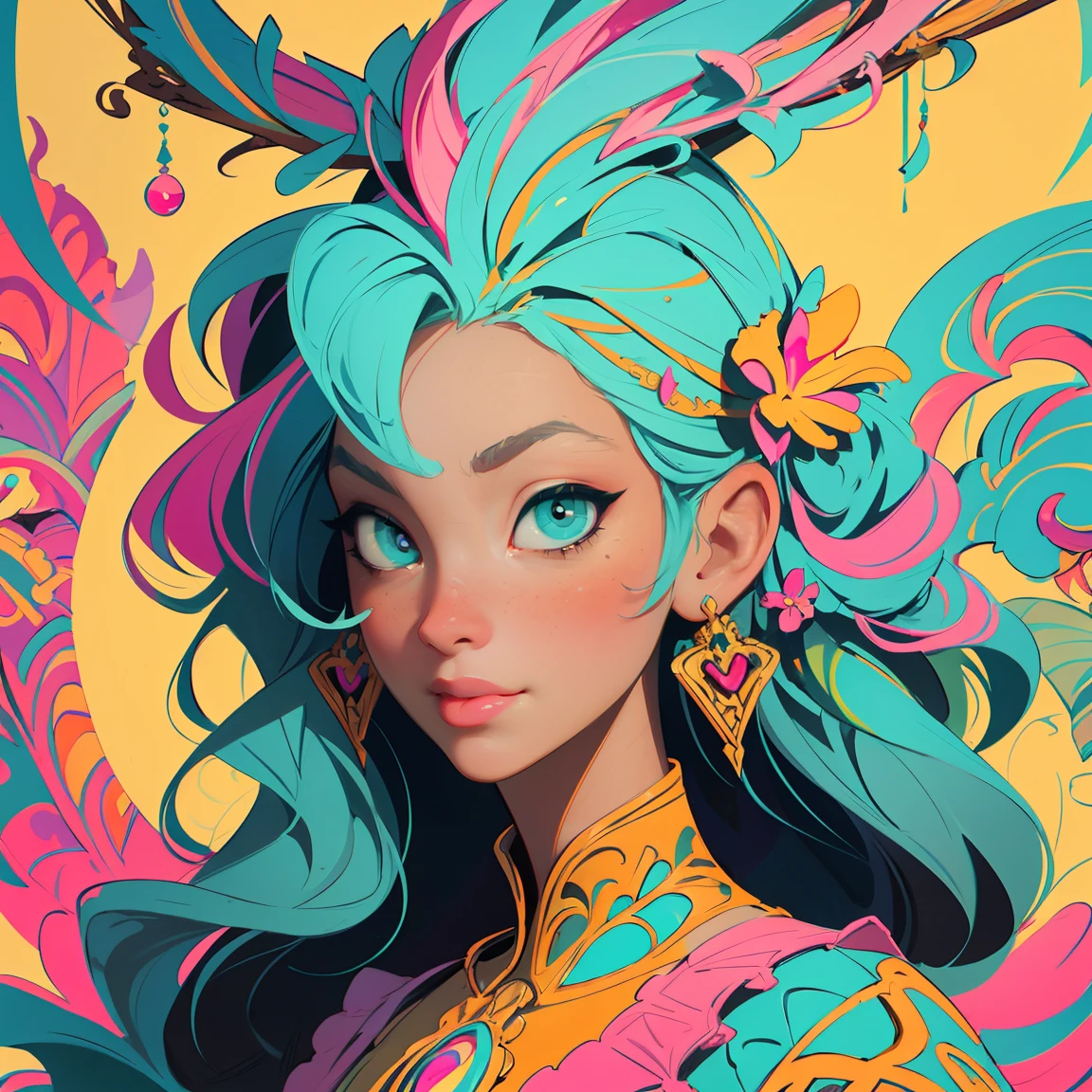 symetry, Finely Detailed Ornate Alien Queen Goddess with Elaborately Detailed Colorful Eyes Lisa Frank, Jeff Koons, Orange and pink, and Yellow and Teal, Face pretty, intricate, chic, highy detailed, digitalpainting, art station, conceptual artwork, Soft, sharp focus, illustration, arte por art germ e Greg Rutkowski e alphonse mucha, 8K