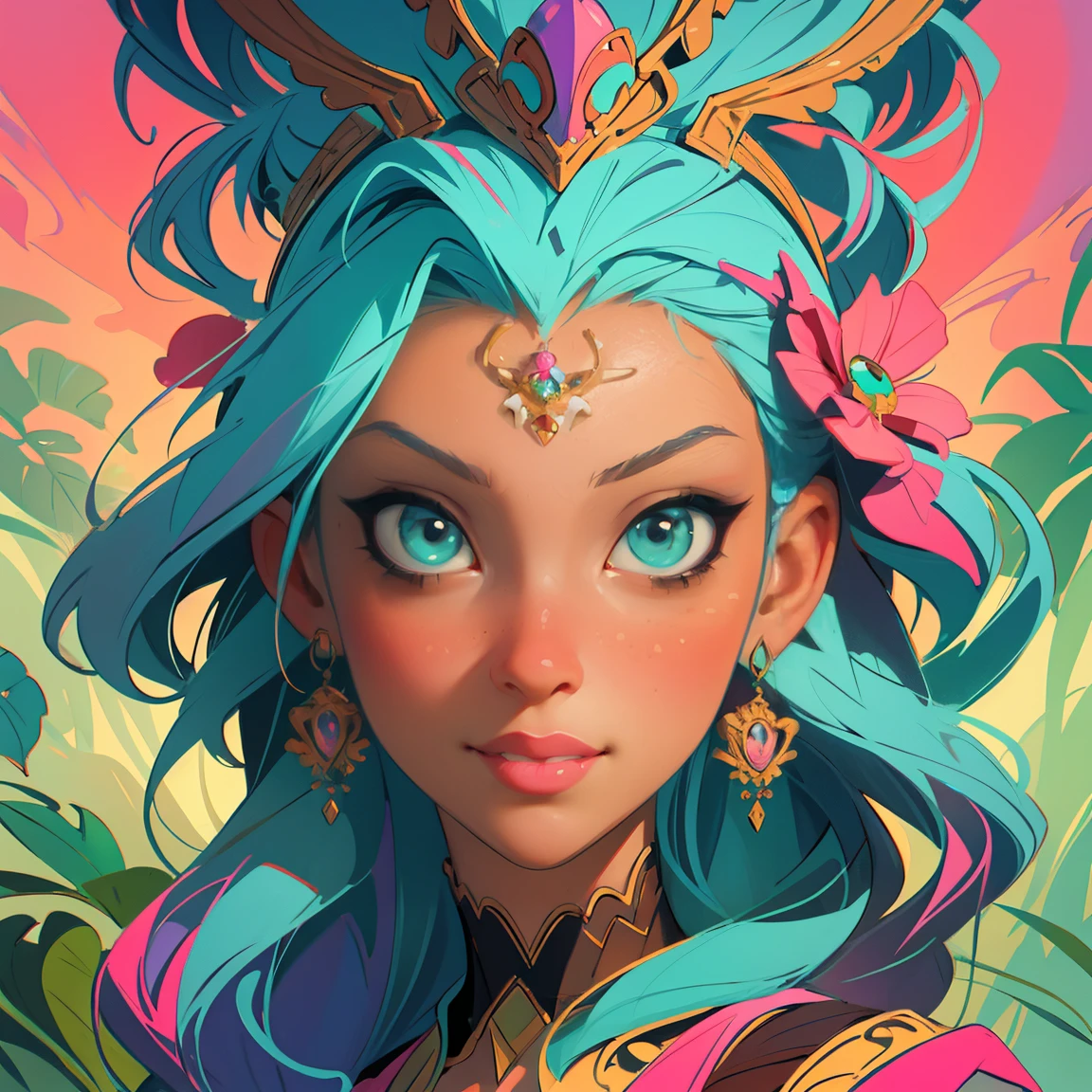 symetry, Finely Detailed Ornate Alien Queen Goddess with Elaborately Detailed Colorful Eyes Lisa Frank, Jeff Koons, Orange and pink, and Yellow and Teal, Face pretty, intricate, chic, highy detailed, digitalpainting, art station, conceptual artwork, Soft, sharp focus, illustration, arte por art germ e Greg Rutkowski e alphonse mucha, 8K