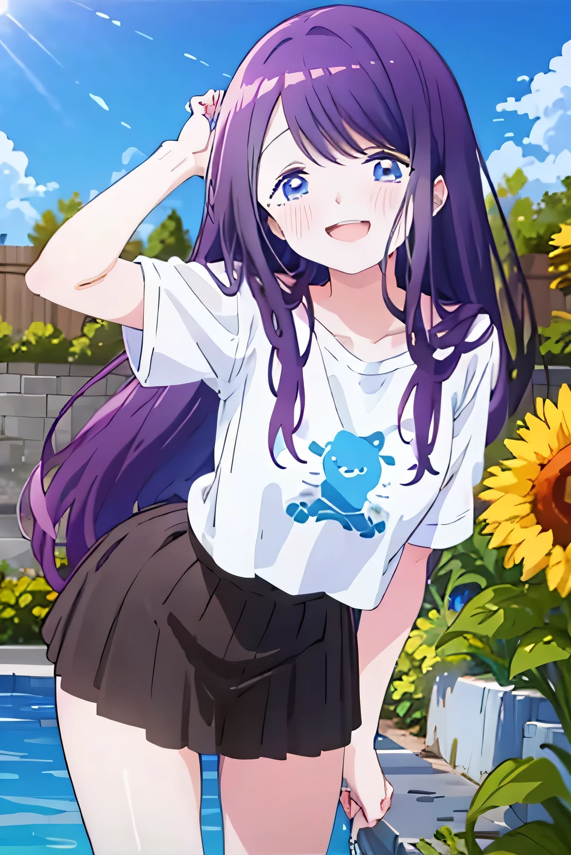 Masterpiece、Anime Coloring、Ultra fine、、、One Girl、Open your mouth wide、Lower Angle、cowboy shot、looking at the camera、smile、blush、Watery eye、Parted bangs、DullＴshirt、Leaning forward、garden、blue sky、sunny、Half-up hairstyle