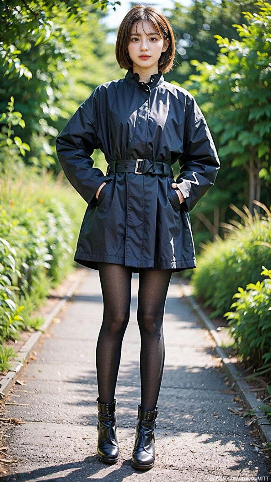 (8K、RAW Photos、Highest quality、masterpiece:1.2)、(Highest quality、Realistic)、1 Girl、((Black coat、tights、black and white mini skirt、Thin legs、whole body、boots、garden、View from the front、Looking into the camera、Idol Costume、、Stand with hands on hips))、cute