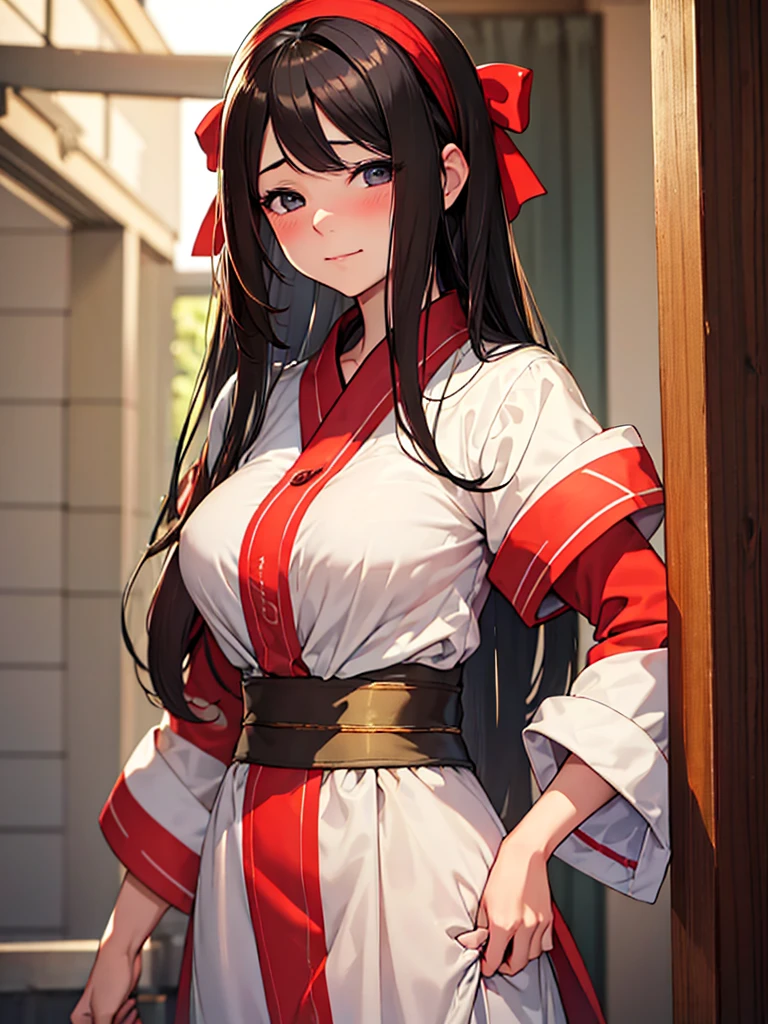 (Masterpiece, best quality, high res、highly detailed cg: 1), Create an image of a married woman who is blushing and slightly embarrassed, saying "Don't tease an old woman like me." Despite her embarrassment, she seems somewhat pleased to be seen as a woman. Her expression should reflect a mix of shyness and subtle happiness, and her body language should show a hint of awkwardness but also a touch of pride. ((red ribbon, hair band)), 35 years old, nsfw