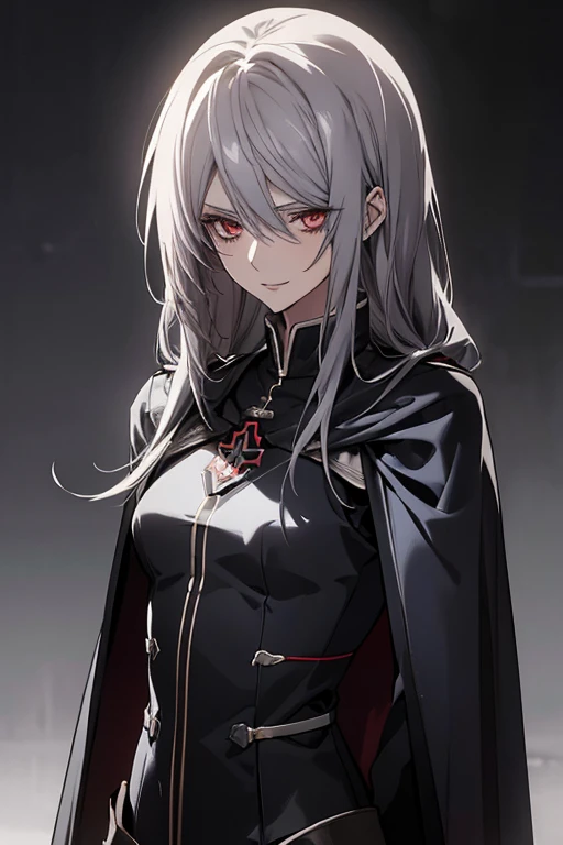 (Confused, High resolution, Very detailed), 1 female, Silver Hair,Long Hair,Crimson Eyes,Blue and black military uniform,24th generation,beauty,mature,thin,quiet,Calm,A small smile,Long Cape,Slender and thin,,skinny pants,grassland,cliff,Small breasts,