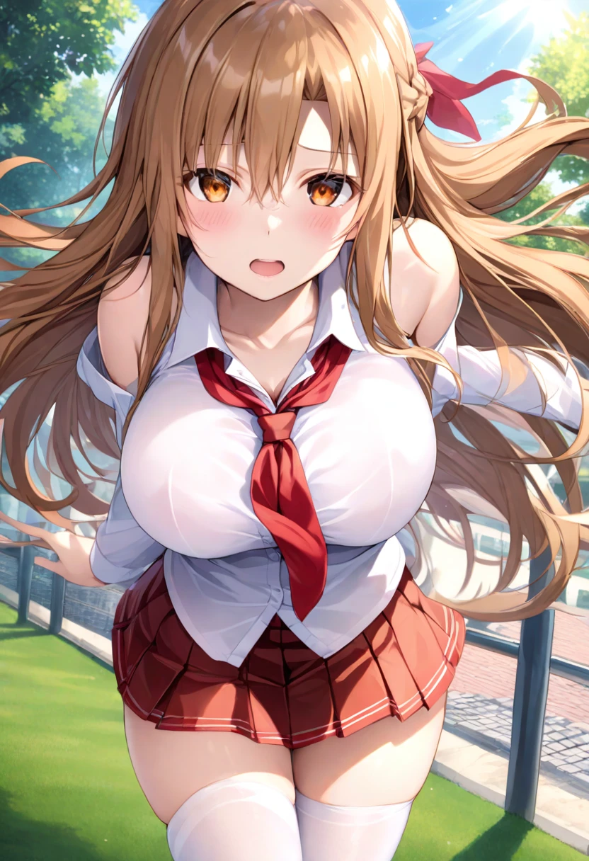 masterpiece, best quality, SimplePositiveXLv2, yuuki asuna, 1girl, solo, long hair, breasts, looking at viewer, blush, open mouth, bangs, large breasts, brown hair, long sleeves, bare shoulders, brown eyes, upper body, braid,orange eyes, floating hair, shirt, white shirt, schoo_uniform, skirt, mini skirt, stockings, outdoors