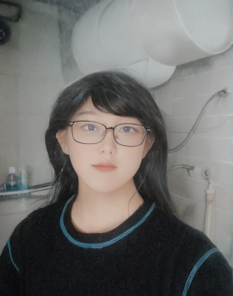 there is a young woman wear glasses standing in a bathroom, wenfei ye, Nam Jae-yeon, wear glasses, 8k selfie photo, Avatar Profile Picture, Very very low quality image, xintong chen, wear glasses, Anime girls in real life, Long hair, Have a precise face, Inspired by Kim Jong-hee, xision wu