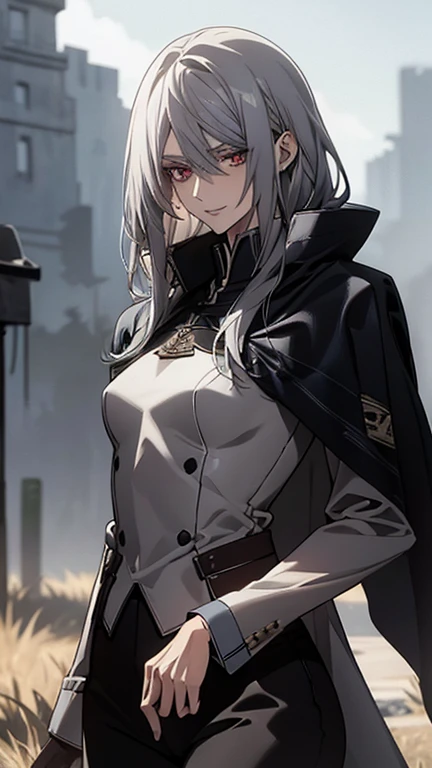 (Confused, High resolution, Very detailed), 1 female, Silver Hair,Long Hair,Crimson Eyes,Blue and black military uniform,24th generation,beauty,mature,thin,quiet,Calm,A small smile,Long Cape,Slender and thin,,skinny pants,grassland,Small breasts,