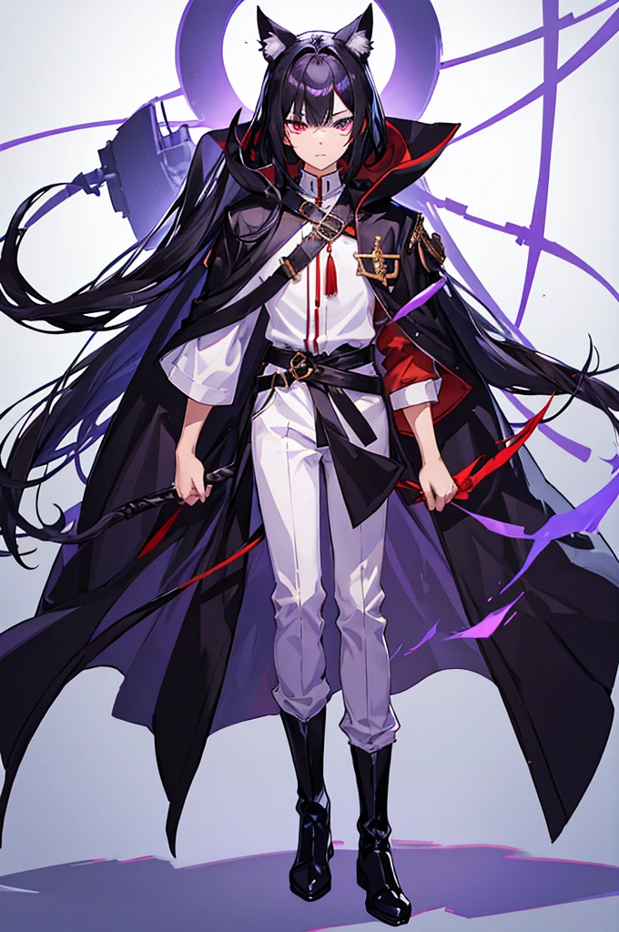 Black Hair少年，Around ，Black Hair，Cat ear，Cat tail，Purple cloak，Heterochromia，Red left eye，Blue right eye，White shirt，Purple cloak，Standing，whole body，For the audience，White background，masterpiece，HD，4K，Detailed facial depiction，Black trousers，Black boots，Black Hair，White background（1:5）