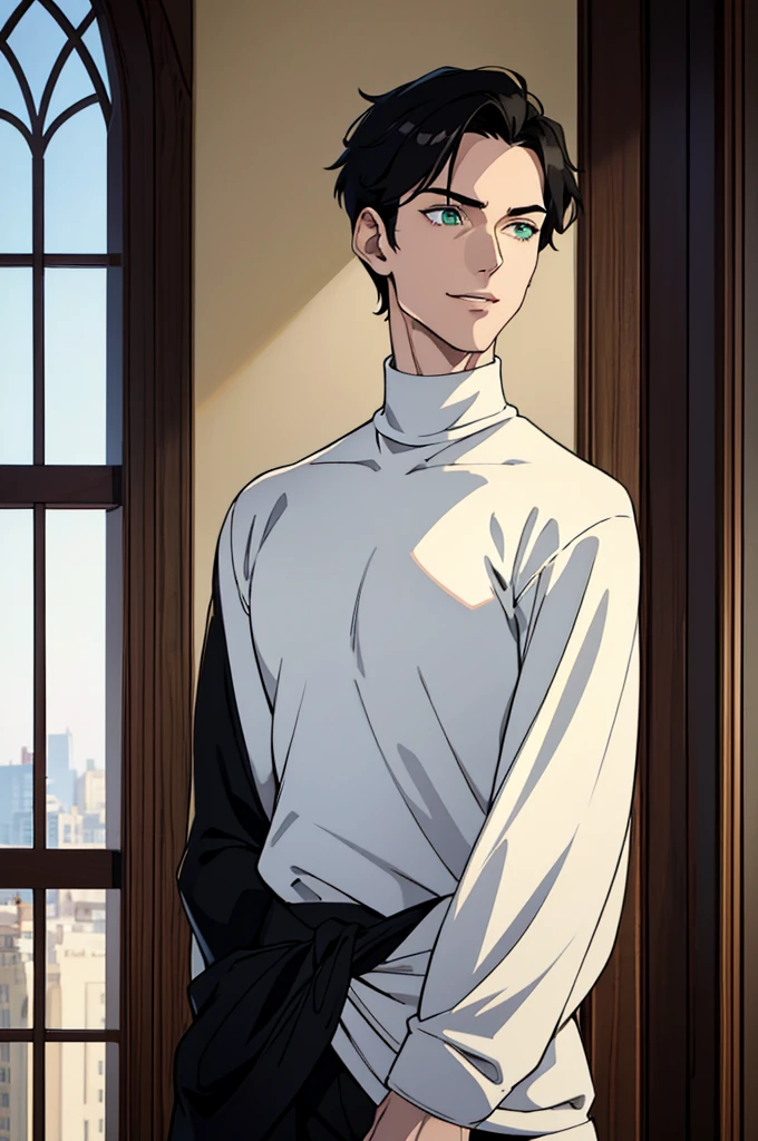 (best quality), 1boy, pale skin, black hair, short hair, curtain hair, tousled hair, green eyes, perfect eyes, dark circles under eyes, tall, slender, handsome, strong jawline, lazy, light smile, attractive, turtleneck sweater, masterpiece, anatomically correct, highres