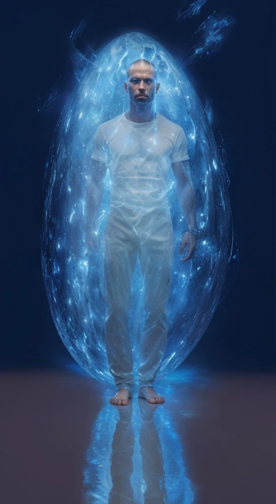 Real image, a man wrapped in a blue magnetic bubble, radiates a lot of light. Photorealism, full view, highly detailed image, very realistic, hyperrealism, Ultra HD, 8k, 5, sharp focus, intricate and mysterious masterpiece. (Long exposure photography Artistic illustration close-up portrait very detailed: final quality, medium shot, backlight, Rich and striking. Enigmatic and mysterious manipulations (composition of the rule of thirds), ((detailed environment with strong lines) The best quality, in camera, white light, warm and clean aesthetics, dazzling screen composed of millions of brilliant ultraviolet rays, HDR.