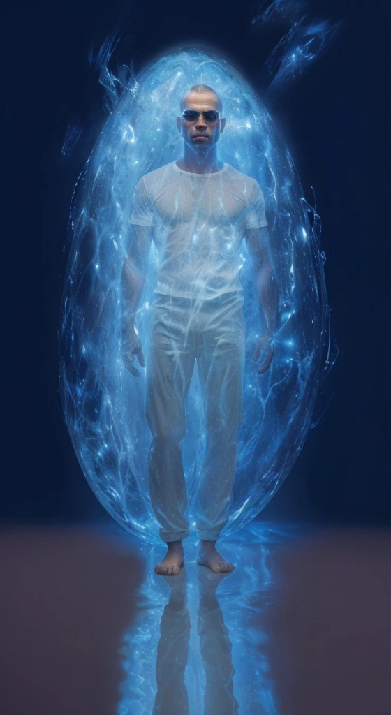 Real image, a man wrapped in a blue magnetic bubble, radiates a lot of light. Photorealism, full view, highly detailed image, very realistic, hyperrealism, Ultra HD, 8k, 5, sharp focus, intricate and mysterious masterpiece. (Long exposure photography Artistic illustration close-up portrait very detailed: final quality, medium shot, backlight, Rich and striking. Enigmatic and mysterious manipulations (composition of the rule of thirds), ((detailed environment with strong lines) The best quality, in camera, white light, warm and clean aesthetics, dazzling screen composed of millions of brilliant ultraviolet rays, HDR.