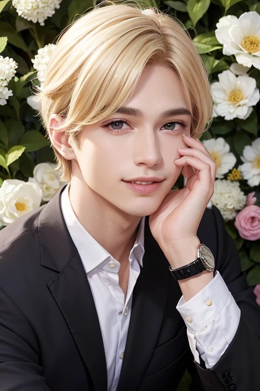 1 young man, man, alone, open eyes, Put on a watch, blonde hair, Hold a wine glass, realistic, flower garden background, smile, Long eyelashes, lips, black set, Portrait, Dark eyebrows, smart,