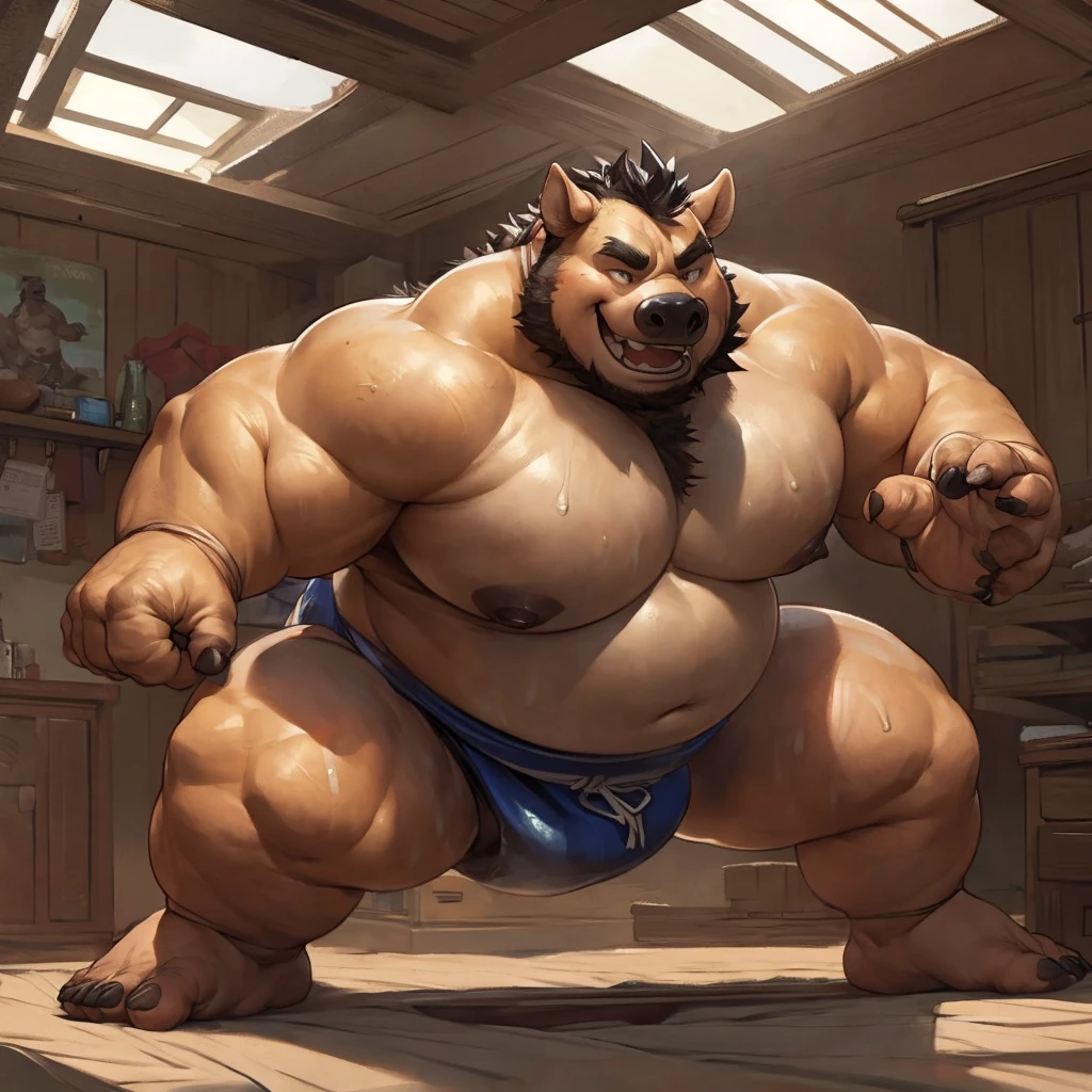 (sumo wrestler:1.1), boar, big pecs, huge belly, muscular arms, (details hand:1.1)in a bedroom, (wearing black mawashi:1.1), in battle stance, laughing face, slobby, sweaty, steamy, by darkgem, por zixiong, by Glitter Boy