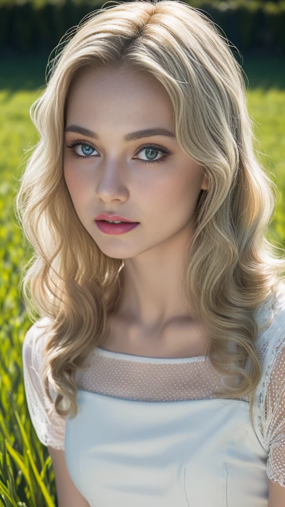 ((best quality, 8 thousand, masterpiece:1.4)), (20 year old woman), ((very small face:1.3)), (glowing skin:1.5), (), Highly detailed face and skin textures, detailed eyes, standing in the middle of green grass, Italian woman, (blonde wavy hair:1.3), (patterned white dress:1.3), thin legs, mesh,