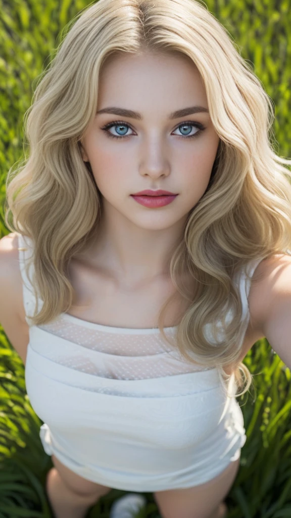 ((best quality, 8 thousand, masterpiece:1.4)), (20 year old woman), ((very small face:1.3)), (glowing skin:1.5), (), Highly detailed face and skin textures, detailed eyes, standing in the middle of green grass, Italian woman, (blonde wavy hair:1.3), (patterned white dress:1.3), thin legs, mesh,