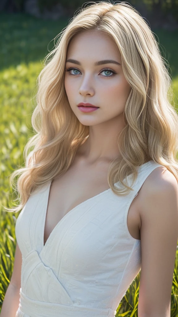 ((best quality, 8 thousand, masterpiece:1.4)), (20 year old woman), ((very small face:1.3)), (glowing skin:1.5), (), Highly detailed face and skin textures, detailed eyes, standing in the middle of green grass, Italian woman, (blonde wavy hair:1.3), (patterned white dress:1.3), thin legs, mesh,