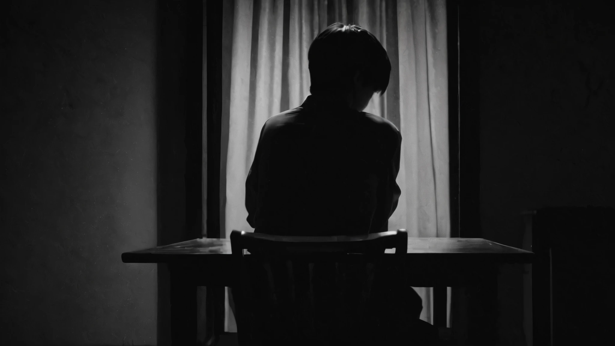 A dark and poorly lit room, A man is sitting at the table, with your back to the window. The dim light reveals a shadowy figure discreetly peering through the half-open curtains.. Your eyes glow faintly in the darkness, creating an atmosphere of suspense and intrigue, (アニメ), Bizarre scenario, This is Junji, Yusuke Murata, black andwhite, 8K, アニメ, horor