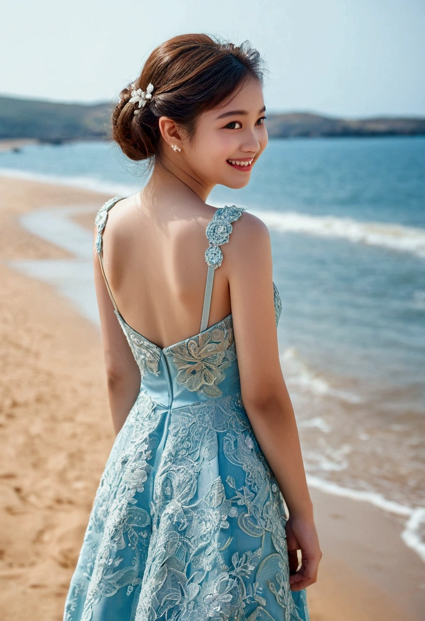 a girl look back at viewer, she wear a type of dress that her back showing , gave a cute smile at viewer, detailed skin, realistic, background a land of sea beach.