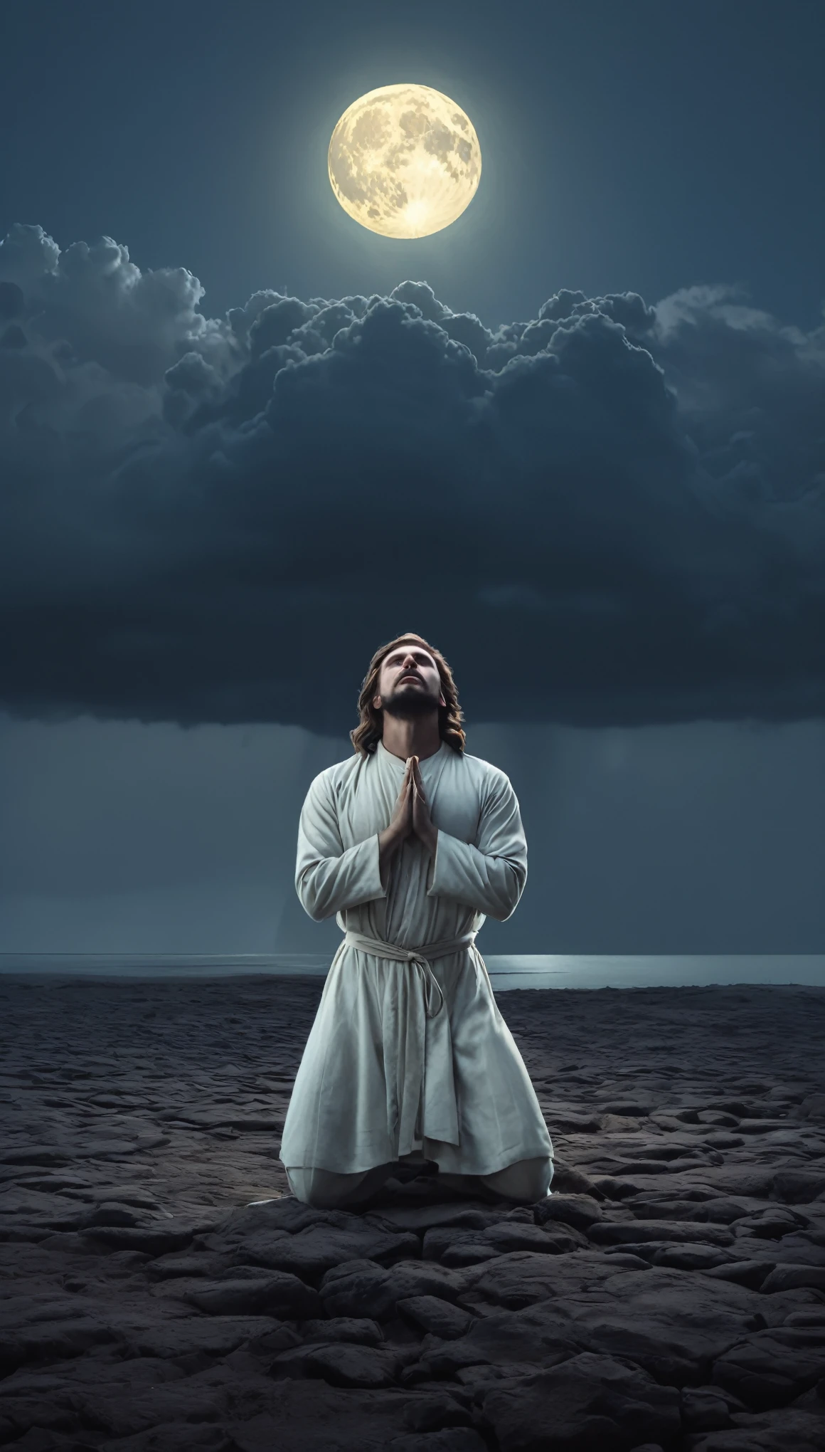 Jesus Cristo, kneeling praying to the heavens, diante de um orisonte lindo, com o sol se pondo, in connection with the divine, foto retrato, Directed by: Drew Tucker, Directed by: Adam Marczyński, Directed by: Alexandre Kucharsky, Directed by: Gavin Nolan, Surrealismo 8K, Directed by: Jason Felix, Yuri Shwedoff e Tom Bagshaw, arte ilustrativa, Estilo Erik Johansson