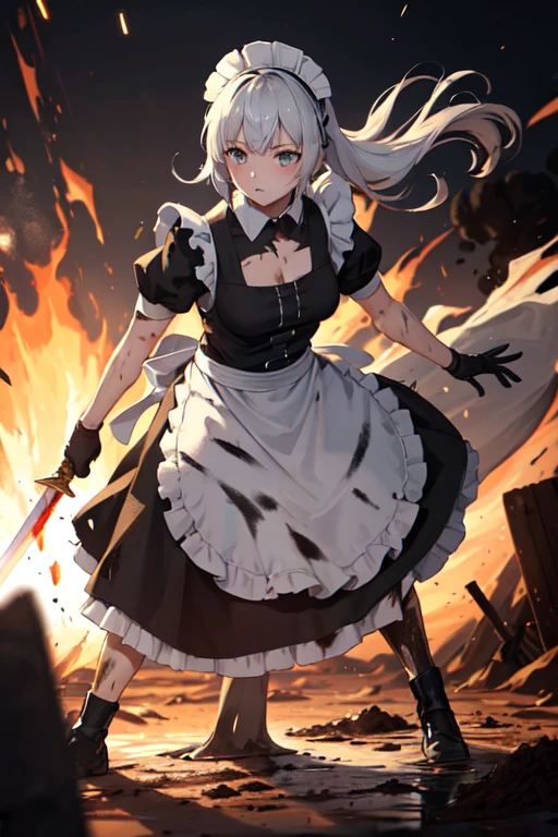 ((Highest quality:1.6)), ((Ultra-high resolution:1.6)), ((masterpiece)), (detailed:1.4), (detailedな顔), girl, cute, strong, Serious, Small breasts, Silver Hair, Fighting with a large sword, (black and white maid outfit, Black Dress, Headband, Long, Classic, Short sleeve), scratch, Blood, ((Apron is torn:1.4)), ((衣服に剣で斬れたscratch:1.6)), Fighting with a giant sword, (剣の斬撃によるscratch:1.6, Hit:1.6), Combat Ready, (Damage to waist apron:1.6), Big crisis, being cornered, 燃えているbattlefield, battlefield, explosion, Flaming, war, (Severe dirt all over the body:1.4, Covered in mud, Covered in charcoal:1.6), (Shabby maid:1.6), Arrows stuck in the body, Holding a two-handed sword, Pointing the blade at the enemy, Tsuba competition, Suppress the enemy, Swinging a sword with both hands, Shootout, I continue to protect it alone, 