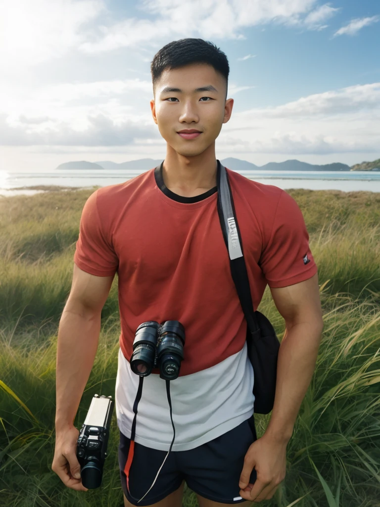 A handsome, muscular young Asian man looks at the camera. In a simple black and red t-shirt. , Fieldside, grass, beach, sunlight, Carrying a camera