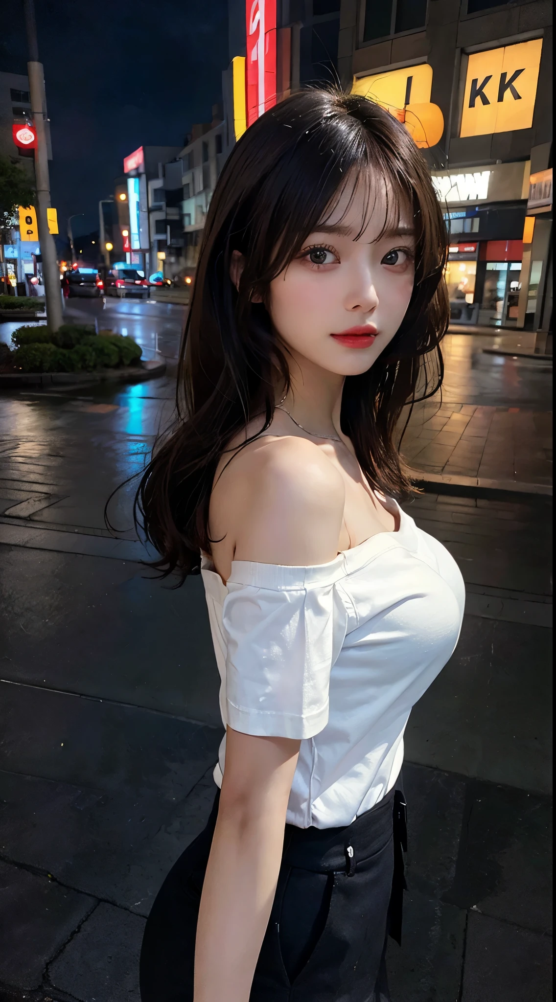 ((Midnight, Highest quality, 8K, masterpiece :1.3)), whole body, Long legs, Sharp focus :1.2, Beautiful woman with perfect figure :1.4, Slim Abs :1.1, ((Dark brown hair, Big Breasts :1.2)), (White tight T-shirt,Are standing:1.2), ((Night city view)), Highly detailed face and skin texture, Fine grain, double eyelid, sunset, Darken, Backlight, Off the shoulder