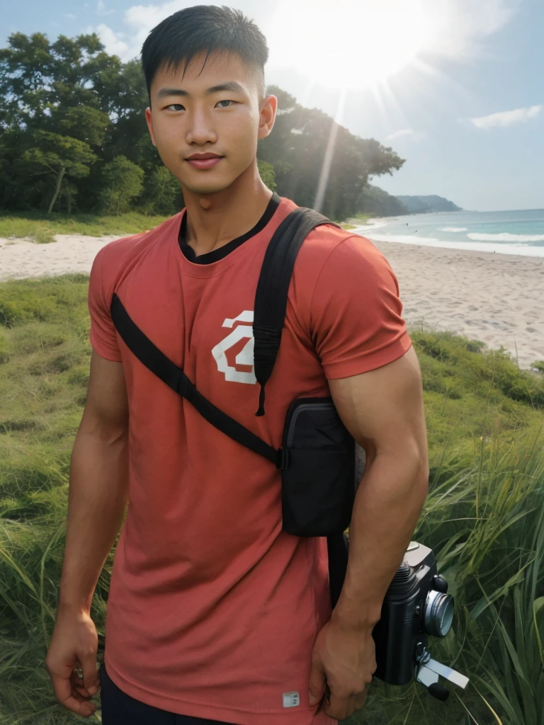 A handsome, muscular young Asian man looks at the camera. In a simple black and red t-shirt. , Fieldside, grass, beach, sunlight, Carrying a camera