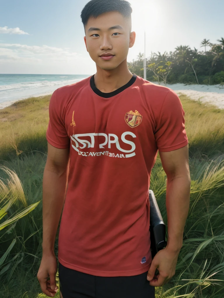 A handsome, muscular young Asian man looks at the camera. In a simple black and red t-shirt. , Fieldside, grass, beach, sunlight, Carrying a camera