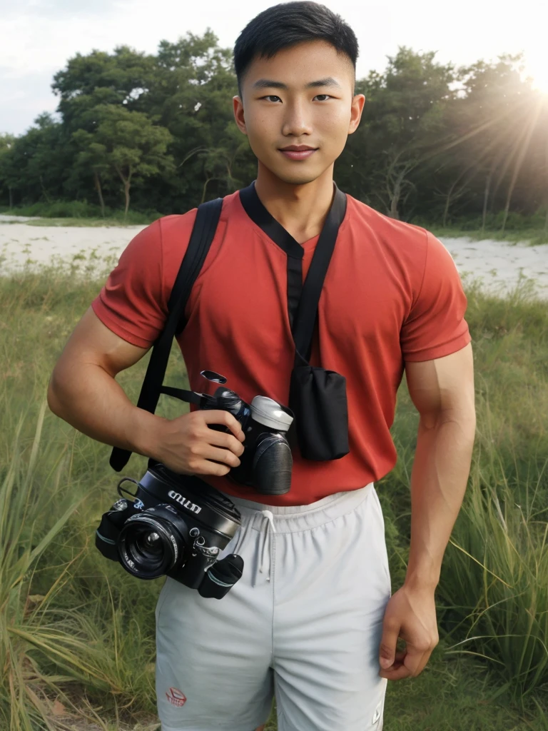 A handsome, muscular young Asian man looks at the camera. In a simple black and red t-shirt. , Fieldside, grass, beach, sunlight, Carrying a camera