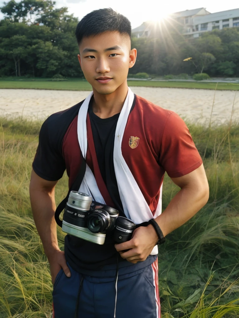 A handsome, muscular young Asian man looks at the camera. In a simple black and red t-shirt. , Fieldside, grass, beach, sunlight, Carrying a camera