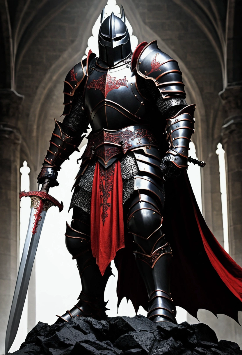 giant knight, dark knight, black and red, standing, using sword
