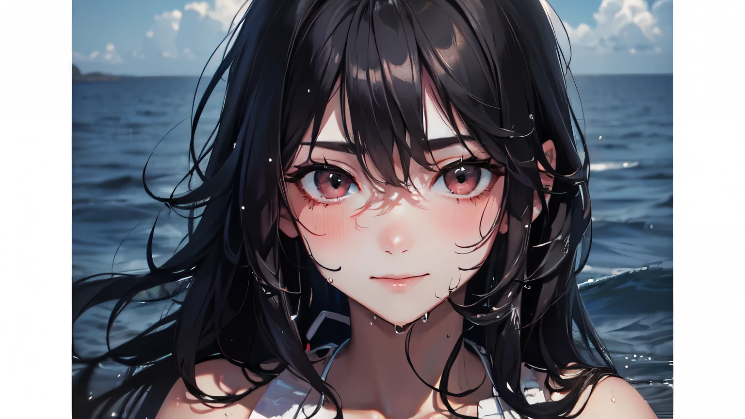 masterpiece、Anime Art、Highest quality, masterpiece, (Realistic:1.2), 1 Girl, (High resolution、whole body、17-year-old beautiful girl、165cm、Long black hair down to the waist、Glowing black eyes、Round eyes、Thick eyebrows、端正でbeautiful、cute、Wet White Bikini、、No makeup、A shy smile、Shy, Blushed, [(Transparent Background:1.5)::5], (((masterpiece))), (((Highest quality))),(((Very detailed))), One Girl, Mystical Eyes, Very detailedな, A light smile, Very detailedな顔, beautiful, Finer details, Very detailedな, Highest quality, 8K, It was a hot topic on Art Station., Excellent anatomy, beautiful lighting,、color々stop temporarily、Wet Hair、Your body is wet、sweating、詳細なAnime Artワーク, Beautiful and attractive anime women、Ocean、Tropical atmosphere