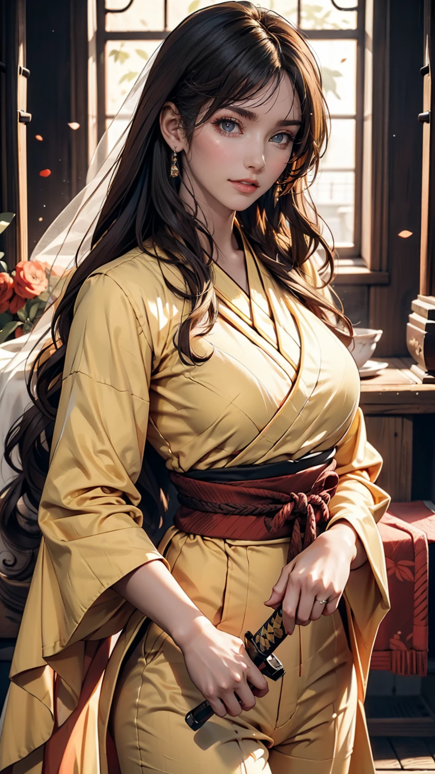 The Bride from the movie Kill Bill、24 year old Caucasian female、Blonde、Semi-long hair、Yellow jumpsuit（Black line on the side)、Holding a Japanese sword