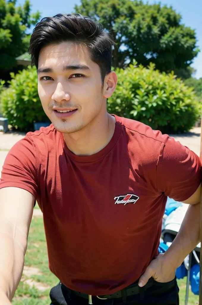 A handsome, muscular young Asian man looks at the camera. In a simple black and red t-shirt. , Fieldside, grass, beach, sunlight, Carrying a camera