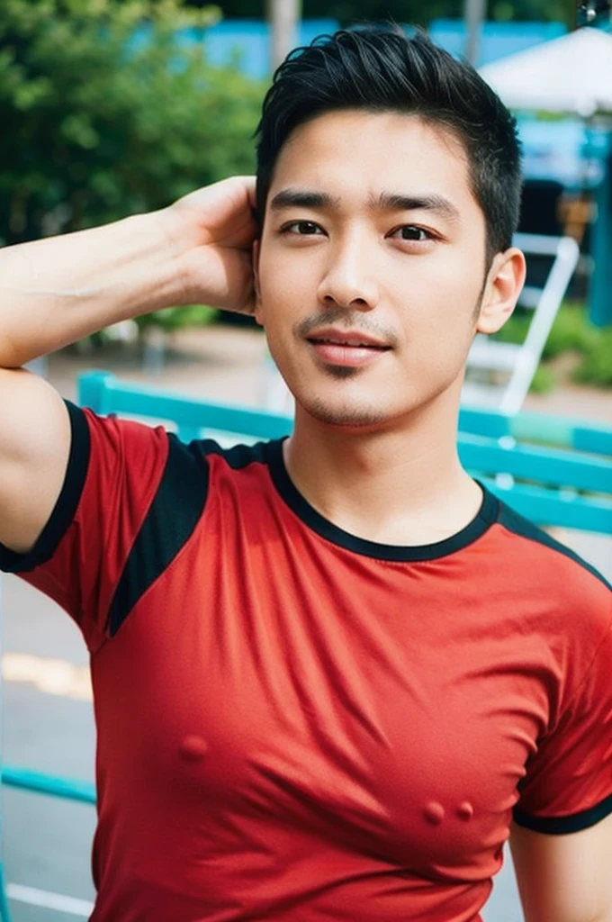 A handsome, muscular young Asian man looks at the camera. In a simple black and red t-shirt. , Fieldside, grass, beach, sunlight, Carrying a camera