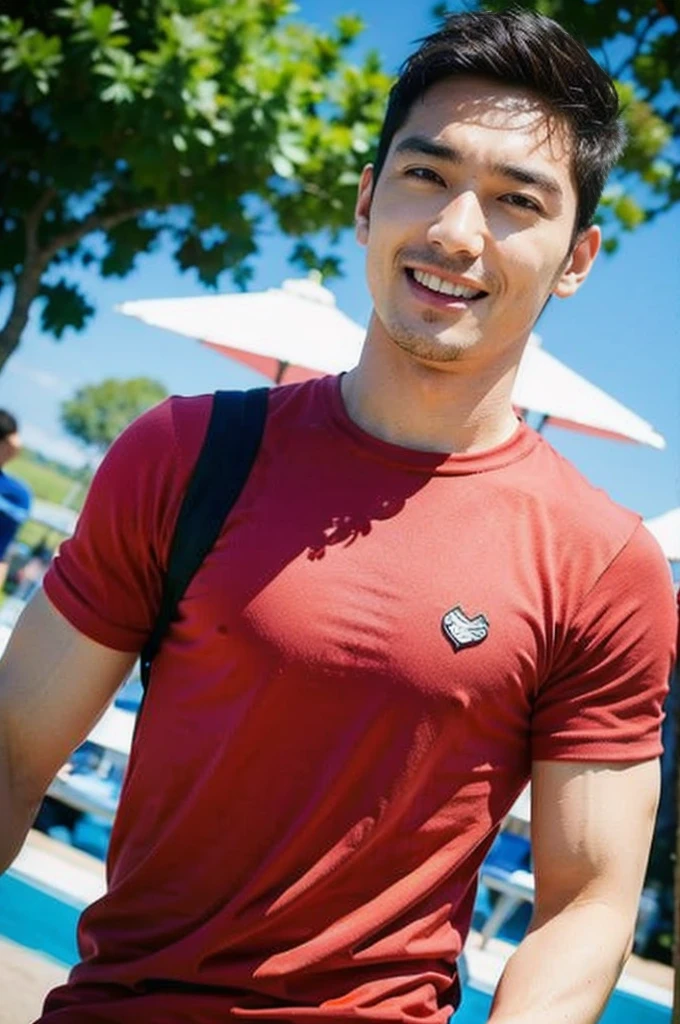 A handsome, muscular young Asian man looks at the camera. In a simple black and red t-shirt. , Fieldside, grass, beach, sunlight, Carrying a camera