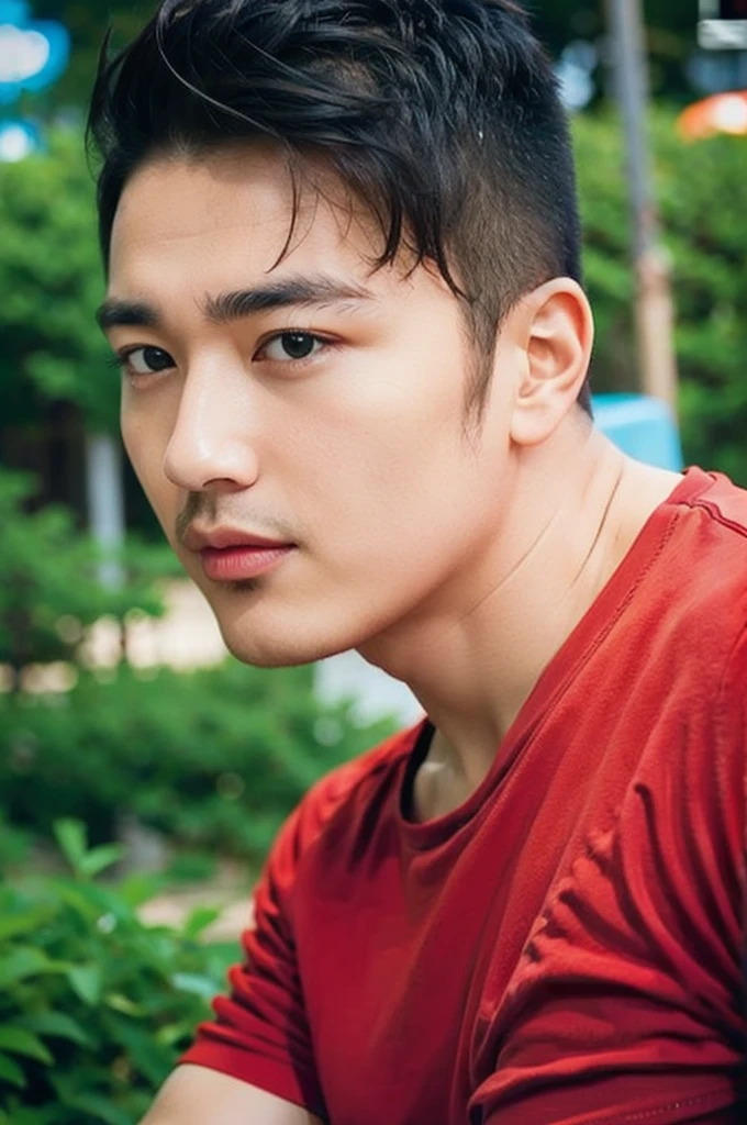 A handsome, muscular young Asian man looks at the camera. In a simple black and red t-shirt. , Fieldside, grass, beach, sunlight, Carrying a camera