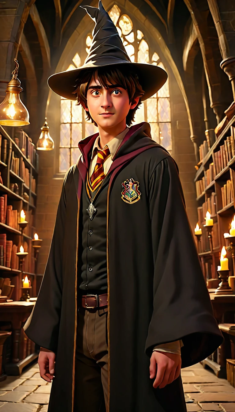 young man ,Wear the Sorting Hat from the Harry Potter movies.,At Hogwarts School of Witchcraft and Wizardry, View from below, Drawing a picture of a dream atmosphere, Highly detailed movie scenes, visionary art., CGI style, Cozy mystery, Masterpiece 8k wallpaper, unreal engine, incredible light,Tubok hairstyle,black hair,gold highlights,red eyes,tribe,vampire,handsome face,half body,black gown,