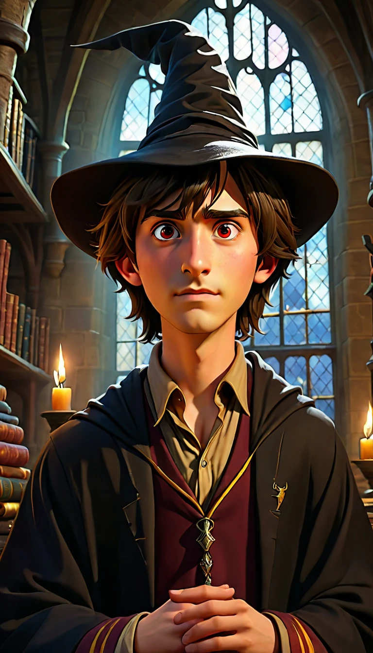 young man ,Wear the Sorting Hat from the Harry Potter movies.,At Hogwarts School of Witchcraft and Wizardry, View from below, Drawing a picture of a dream atmosphere, Highly detailed movie scenes, visionary art., CGI style, Cozy mystery, Masterpiece 8k wallpaper, unreal engine, incredible light,Tubok hairstyle,black hair,gold highlights,red eyes,tribe,vampire,handsome face,half body,black gown,