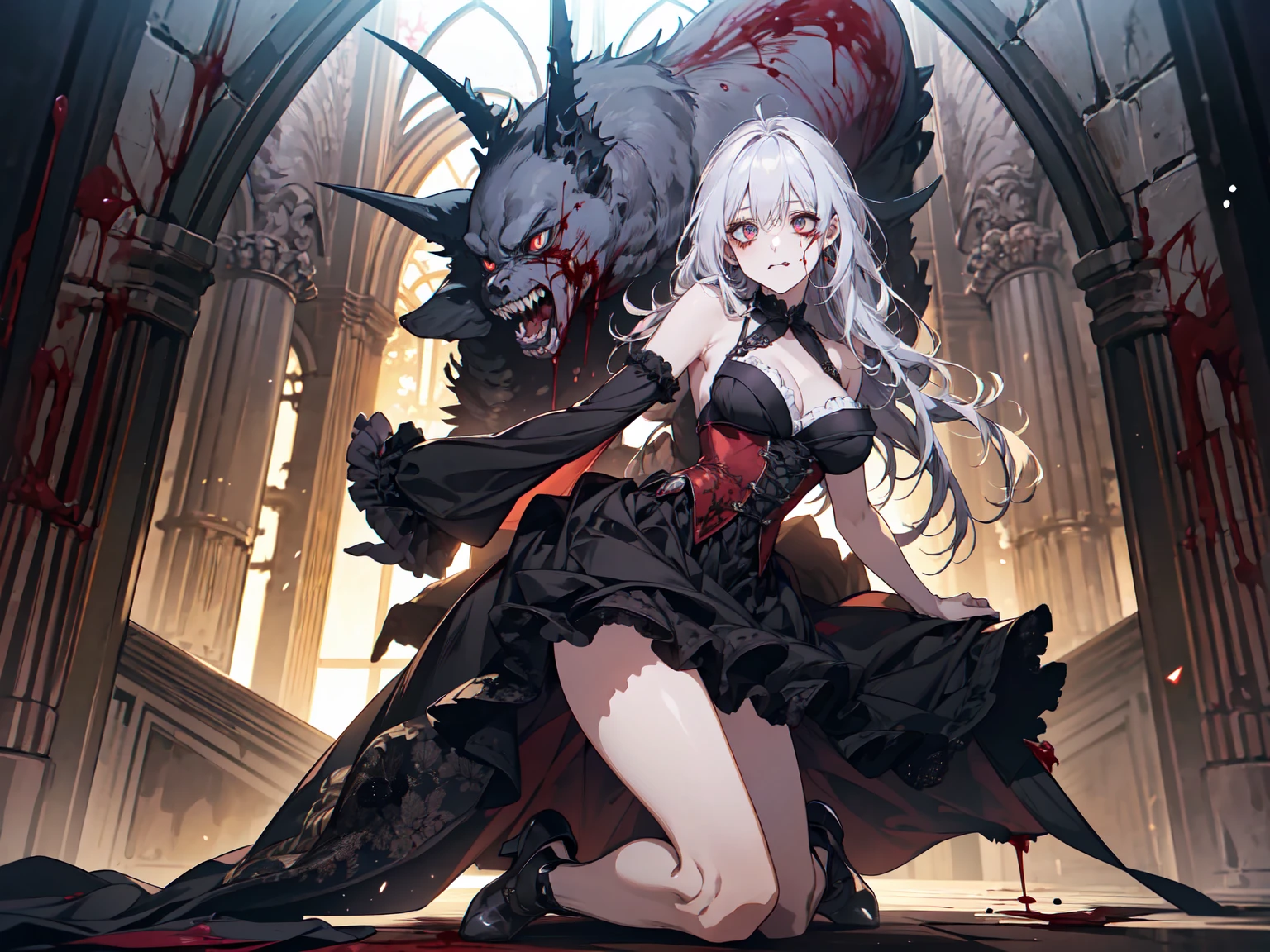 Swarms of Dark Monsterultiple skulls on the ground、周囲に複数のzombie、死んだ腐ったBloodに飢えた邪悪なzombie, Girl Venom, 黒い共to be bornto be born物が付着している, One girl,  masterpiece, View your viewers, Professional, Lighting from behind, Particles of light, Gray Hair, Torn clothing, crazy, Yandere, Psychopathic, crazy expression, Licking lips, The pupils constrict, crazy smile, crazy eyes,  Conceit, Gothic architecture, Big window behind the girl,  Bloodまみれの, Evil look, Psychopathic, Torn clothes, Torn Costume, sexy, reveal, Combat Stance, Very detailed, Vibrant appearance, Creative Action, Very detailed, Imaginative, Sensual, Voluntary, all breasts, sexy, reveal, Highest quality, skinの質感, Intricate details, (Highest quality, masterpiece, 超High resolution), (8k wallpaper, High resolution, High resolution, to be born), (credibility: 1.4), (whole bodyショット), One Girl, ((Anime Girls)),,(Bloodしぶき:1.6), ((Fantasy Witch Costume)), ((Flowing white hair)), ,(Bloodしぶき:1.6),Female curves, Large Breasts, Thick thighs, sexyな平らなお腹, 完璧なhand, 完璧なアニメのface, ((dark lolita dress)), Are standing, ((邪悪な笑face)), ,(Bloodしぶき:1.6),Victorian cities, gaslight, Steam circulates, Moonlight Illumination, night間照明, A sky filled with stars and galaxies,(Bloodしぶき:1.6),アニメzombie魔女デザイン, ねじれた笑face、Bloodまみれの、頭からの出Blood、Bloodしぶき、,(Bloodしぶき:1.6),Crossbones, skull, Streetwear Design, Professionalテクター, Horror Style, Full Design, Huge breasts, Very detailed, Realistic, Dark fantasy, Gloomy atmosphere, Intricate details, crazyスマイル, 狂ったeye, A cute and stylish hair band,(masterpiece:1.2, Highest quality), Scary atmosphere、Distorted facial expressions、Horror Art、Bloodの雨、Bloodを流す、Bloodしぶき,(Bloodしぶき:1.6),悪魔のeye、greenいeye、scar、火scar、whole body、Torn hair of a woman dressed in slave clothing、（Long Hair）、（eyeにかかる長さの前髪）、Black Hair、（（（eyeの下のクマ）））、green白いskin、Feeling unwell、Pathological、邪悪な笑face、狂ったeye、（Grin）Dramatic makeup，Create mixed media art、,Horror 1 Girl, Open_mouth, , green_eye, Blood, Tilt_red_skin, Injury, Blood_In addition_face, Bandaged_arm, Blood_In addition_zombie, Blood_In addition_hand　, Open your eyelids wide, The trend is all, mouthを大きくOpen, mouthを開けてteethをむき出しにする,獣のような鋭いteeth, Wide lips, 非常に広いmouth, Vermilion cheeks, blonde, ,(Bloodしぶき:1.6),Princess Cut, Ribbon hair ornament, brooch, Otaku Room, Well-built body, Nice body, Ample breasts, Thick body,eyeを大きく開いて、Scary atmosphere、Distorted facial expressions、ねじれた笑face、Bloodまみれの、頭からの出Blood、Bloodしぶき、whole body、,(Bloodしぶき:1.6),Long Hair、Long bangs、Well-built,Broad shoulders,I focus,(face),Messy Hair,いeye,(光るeye),green信号,笑face,big 笑face,teeth,psycho 笑face,gesugao,Dark city background,darkness,night,(close),良いeye, 良いteeth,サディスティックな笑face,,all,光沢のあるskin,詳細なface,Beautiful body,　mouthからの白い息　Luxurious lace long gloves、A charming Western alley、Gothic architecture、Western architecture、Fantasy World、