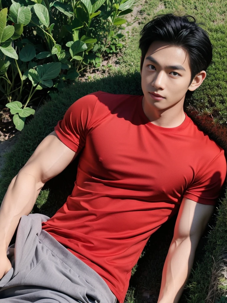 A handsome, muscular young Asian man looks at the camera. In a simple black and red t-shirt. , Fieldside, grass, beach, sunlight, Carrying a camera