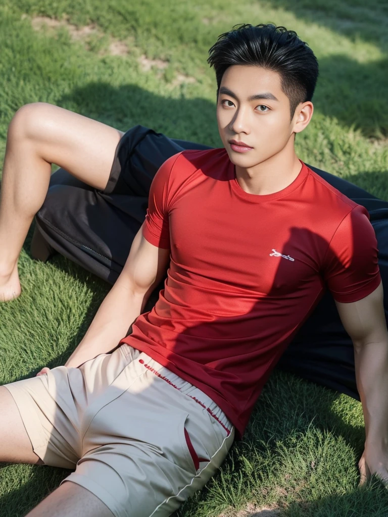 A handsome, muscular young Asian man looks at the camera. In a simple black and red t-shirt. , Fieldside, grass, beach, sunlight, Carrying a camera