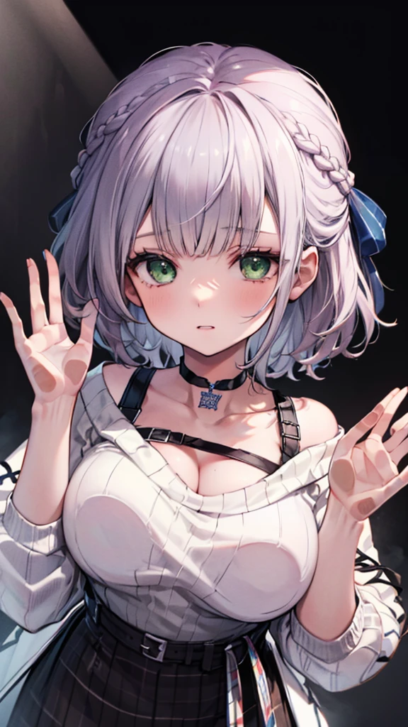 (Ultra-high resolution,masterpiece, Attention to detail, Highest quality), 8K,(ccnoel, short hair, french braid, hair ribbon, green eyes, black choker, collarbone, cleavage, off-shoulder sweater, white sweater, plaid skirt),(Blessed,Captivating body、Ultra-detailed skin、Super beautiful eyes、Detailed Background),One girl, (breasts_on_Glass,breast press, against Glass, hands on Glass),window fog, embarrassed, (white background:1.5)