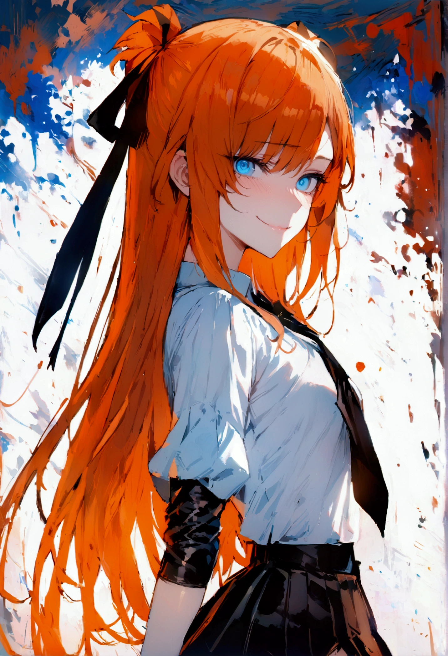 (masterpiece), best quality, expressive eyes, perfect face, 1girl, solo, blue eyes, dark orange Hair, Loose hair, hair ribbon, long hair, black ribbon, sidelocks, bangs two side up, smile, black skirt, black thigh-highs, long sleeves, miniskirt, pleated skirt, white blouse, thigh-highs,  looking at viewer,