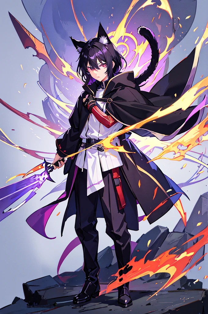 Black Hair少年,Around fifteen years old,Black Hair,Cat ear,Cat tail,Purple cloak,Heterochromia,Red left eye,Blue right eye,White shirt,Purple cloak,Standing,whole body,For the audience,White background,masterpiece,HD,4K,Detailed facial depiction,Black trousers,Black boots,Black Hair,White background(1:5)