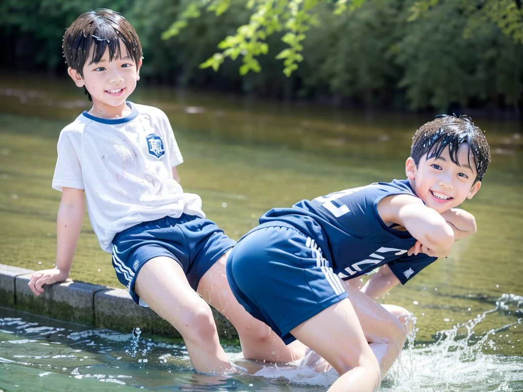 In the forest、Swimming in the river、Cool and refreshing water、e eleYear old boy、Boy in gym clothes、The bottom of the white T-shirt is blue、Blue shorts、The boys are playing、Get wet all over、Noisy boys、Splashing Water、Japanese、(Boy 1.4)