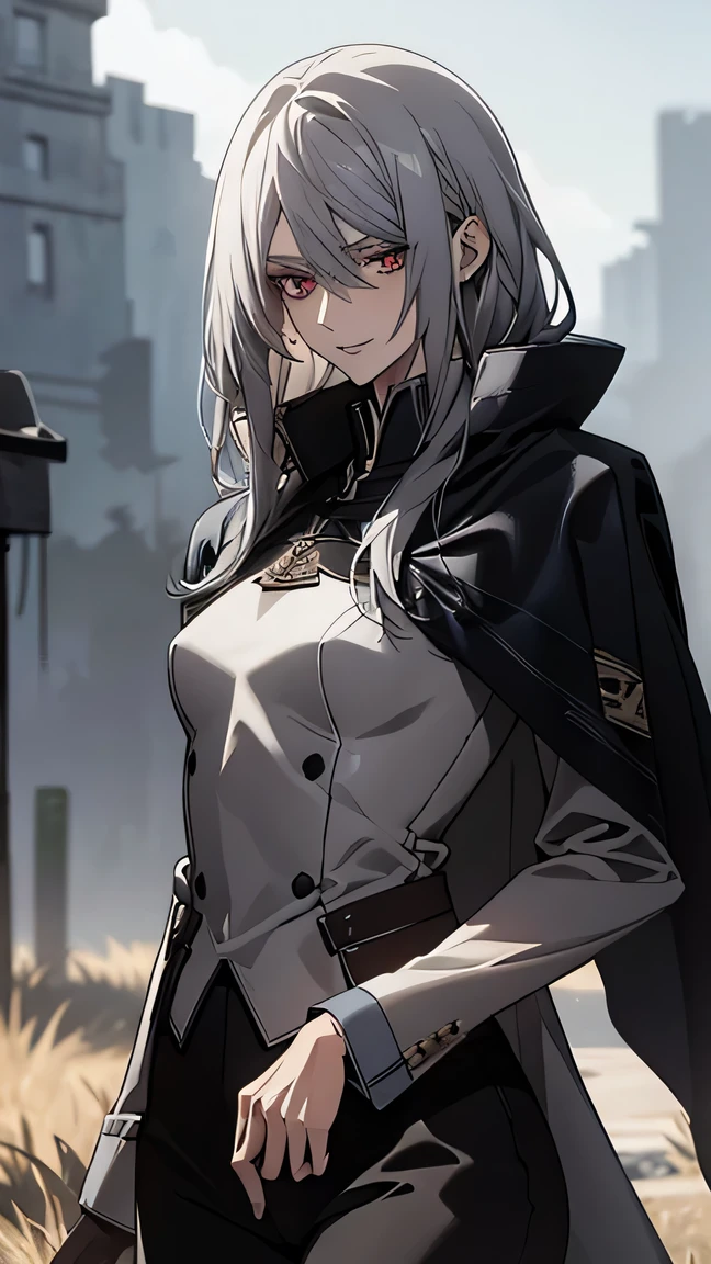 (Confused, High resolution, Very detailed), 1 female, Silver Hair,Long Hair,Crimson Eyes,Blue and black military uniform,24th generation,beauty,mature,thin,quiet,Calm,A small smile,Long Cape,Slender and thin,,skinny pants,grassland,Small breasts,