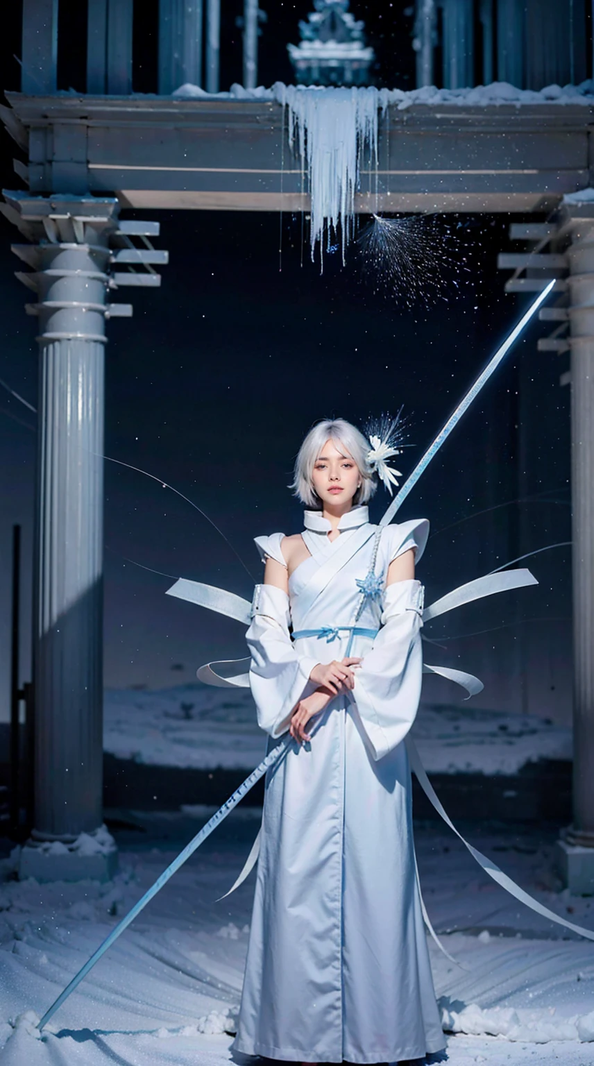 A digital art of Rukia Kuchiki, Bankai form(Hakka no Togame), from anime Bleach, standing, Full body, white hair, light blue eyes, frozen katana, ice particles, snowflakes, hyper detailed, hyper realistic, look at the the viewer, 4k, wide depth of field, radiant mapping, high dynamic range, masterpiece.